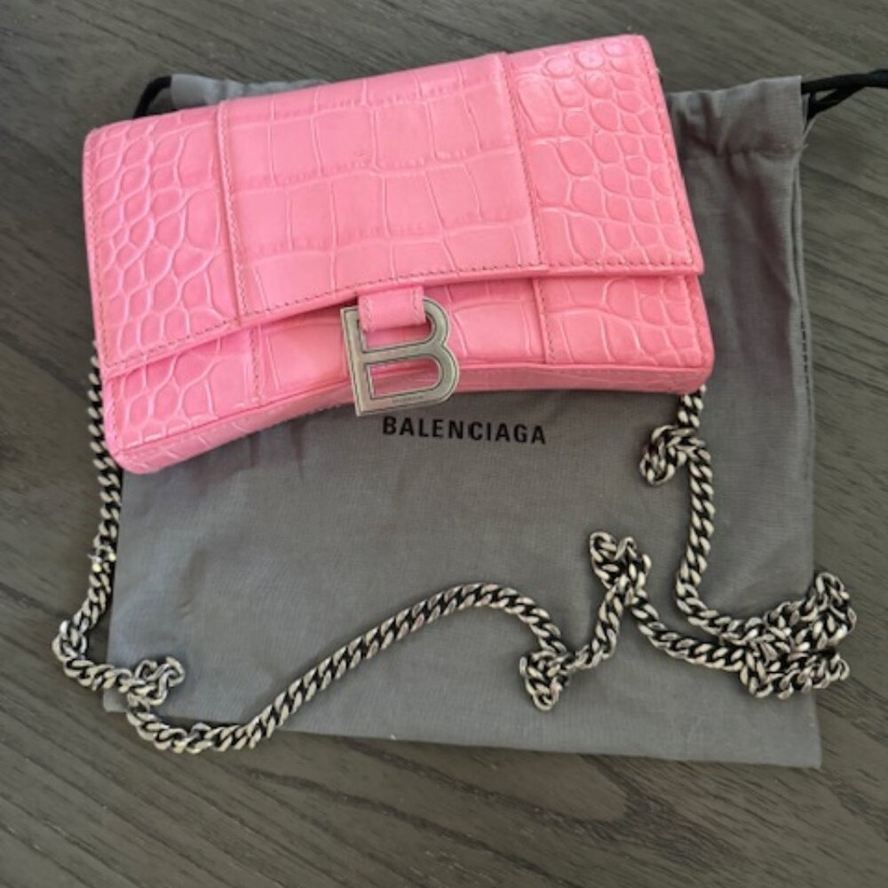 Balencia Hourglass Wallet on Chain Crocodile Pink